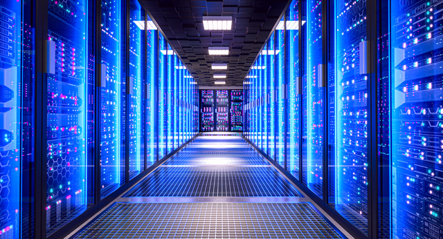 A corridor between rows of server racks in a data center, lit by rows of blue lights with red and pink indicator lights along the equipment.